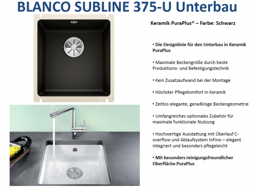 BLANCO Kchensple Subline 375-U Keramik PuraPlus Keramiksple / Unterbausple Ablaufsystem InFino mit Handbettigung