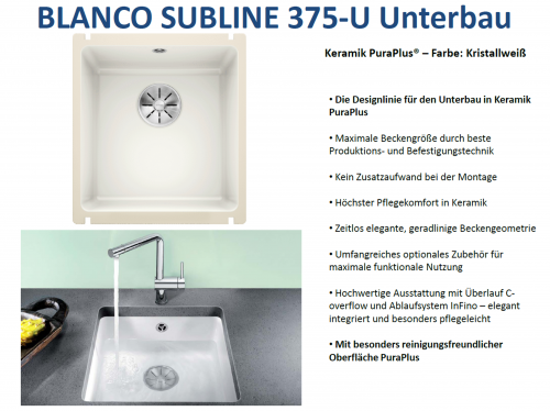 BLANCO Kchensple Subline 375-U Keramik PuraPlus Keramiksple / Unterbausple Ablaufsystem InFino mit Handbettigung