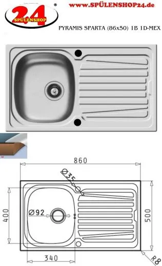 PYRAMIS Kchensple SPARTA (86x50) 1B 1D Einbausple / Edelstahlsple Siebkorb als Drehknopfventil