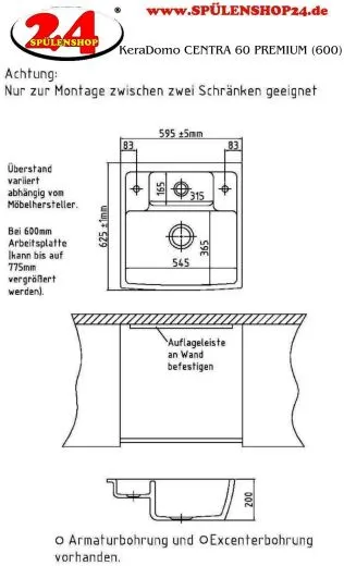 Systemceram KeraDomo CENTRA 60 BASIC Keramik Splmodul / Splstein in Standardfarben Arbeitsplattentiefe bis 750mm