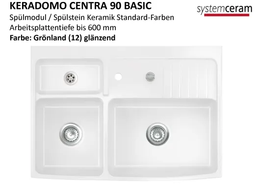 Systemceram KeraDomo CENTRA 90 BASIC Keramik Splmodul / Splstein in Standardfarben Arbeitsplattentiefe 600mm