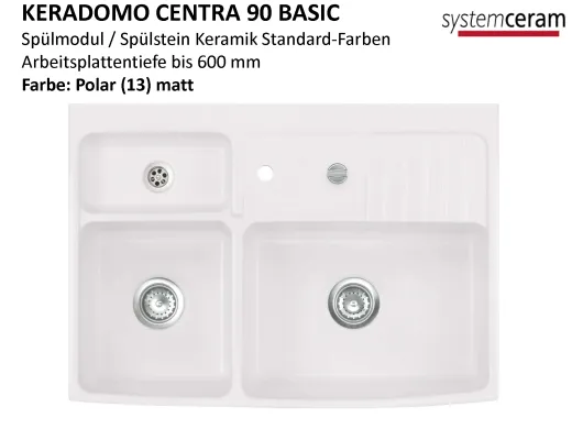 Systemceram KeraDomo CENTRA 90 BASIC Keramik Splmodul / Splstein in Standardfarben Arbeitsplattentiefe 600mm