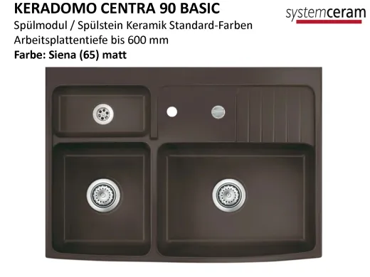 Systemceram KeraDomo CENTRA 90 BASIC Keramik Splmodul / Splstein in Standardfarben Arbeitsplattentiefe 600mm