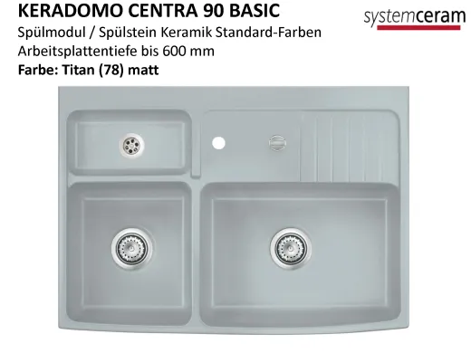 Systemceram KeraDomo CENTRA 90 BASIC Keramik Splmodul / Splstein in Standardfarben Arbeitsplattentiefe 600mm