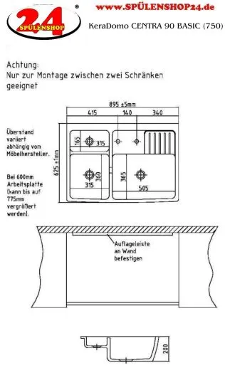 Systemceram KeraDomo CENTRA 90 BASIC Keramik Splmodul / Splstein in Standardfarben Arbeitsplattentiefe bis 750mm