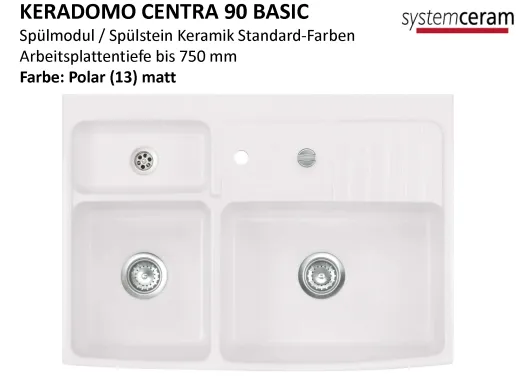 Systemceram KeraDomo CENTRA 90 BASIC Keramik Splmodul / Splstein in Standardfarben Arbeitsplattentiefe bis 750mm