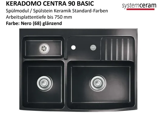 Systemceram KeraDomo CENTRA 90 BASIC Keramik Splmodul / Splstein in Standardfarben Arbeitsplattentiefe bis 750mm