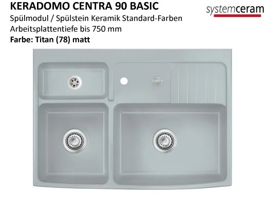 Systemceram KeraDomo CENTRA 90 BASIC Keramik Splmodul / Splstein in Standardfarben Arbeitsplattentiefe bis 750mm