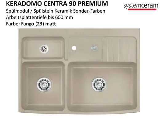 Systemceram KeraDomo CENTRA 90 PREMIUM Keramik Splmodul / Splstein in Sonderfarben Arbeitsplattentiefe 600mm