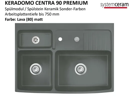 Systemceram KeraDomo CENTRA 90 PREMIUM Keramik Splmodul / Splstein in Sonderfarben Arbeitsplattentiefe bis 750mm