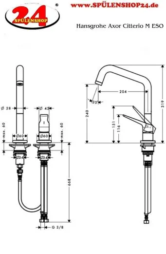 AXOR Kchenarmatur Citterio M Edelstahl Finish Einhebelmischer als 2-Loch Armatur 240 mit Festauslauf Schwenkbereich einstellbar (34820800)