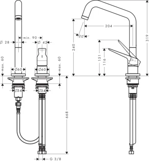 AXOR Kchenarmatur Citterio M Edelstahl Finish Einhebelmischer als 2-Loch Armatur 240 mit Festauslauf Schwenkbereich einstellbar (34820800)
