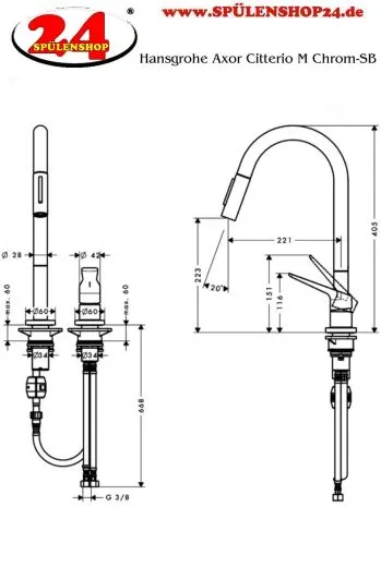 AXOR Kchenarmatur Citterio M Chrom Einhebelmischer als 2-Loch Armatur 220 mit Zugauslauf als Ausziehbrause Schwenkbereich einstellbar (34822000)