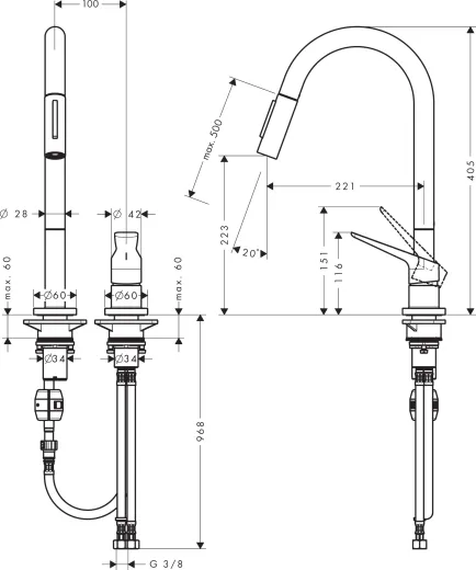 AXOR Kchenarmatur Citterio M Chrom Einhebelmischer als 2-Loch Armatur 220 mit Zugauslauf als Ausziehbrause Schwenkbereich einstellbar (34822000)