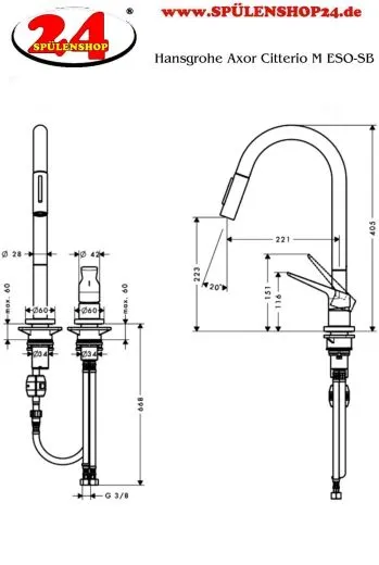 AXOR Kchenarmatur Citterio M Edelstahl Finish Einhebelmischer als 2-Loch Armatur 220 mit Zugauslauf Schwenkbereich einstellbar (34822800)