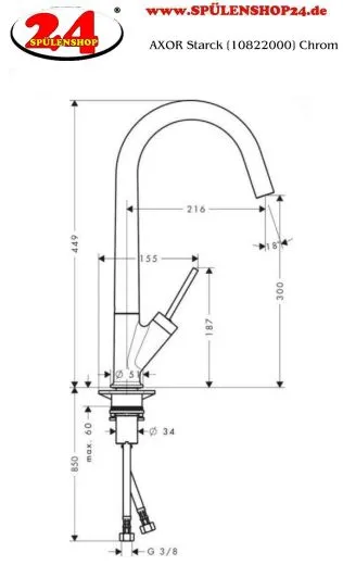AXOR Kchenarmatur Starck Chrom Einhebelmischer 300 mit Festauslauf und Joystick-Bedienung Schwenkbereich einstellbar (10822000)