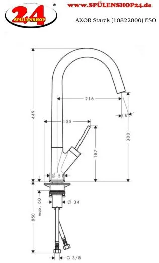 AXOR Kchenarmatur Starck Edelstahl Finish Einhebelmischer 300 mit Festauslauf und Joystick-Bedienung Schwenkbereich einstellbar (10822800)