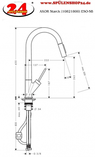 AXOR Kchenarmatur Starck Edelstahl Finish Einhebelmischer 270 mit Zugauslauf als Ausziehbrause mit Joystick-Bedienung (10821800)