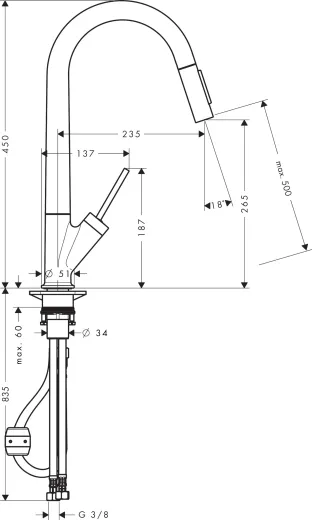 AXOR Kchenarmatur Starck Edelstahl Finish Einhebelmischer 270 mit Zugauslauf als Ausziehbrause mit Joystick-Bedienung (10821800)