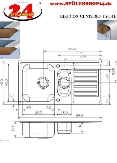 REGINOX K�chensp�le Centurio 1.5 (L) KGOKG Einbausp�le Edelstahl mit Flachrand Siebkorb als Stopfenventil