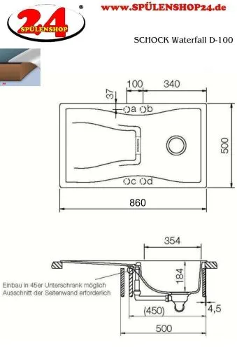 SCHOCK Kchensple Waterfall D-100 Cristadur Nano-Granitsple / Einbausple mit Drehknopfventil