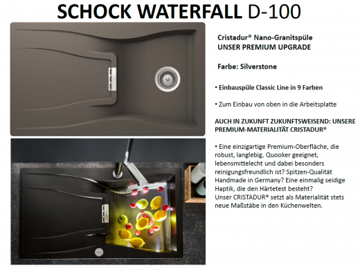 SCHOCK Kchensple Waterfall D-100 Cristadur Nano-Granitsple / Einbausple mit Comfopush Chrom