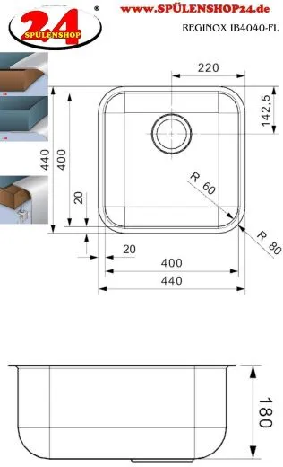 REGINOX Kchensple IB 4040 (L) OKG Einbausple Edelstahl 3 in 1 mit Flachrand Siebkorb als Stopfenventil