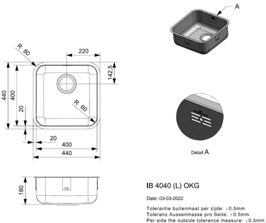 REGINOX K�chensp�le IB 4040 (L) OKG Einbausp�le Edelstahl 3 in 1 mit Flachrand Siebkorb als Stopfenventil