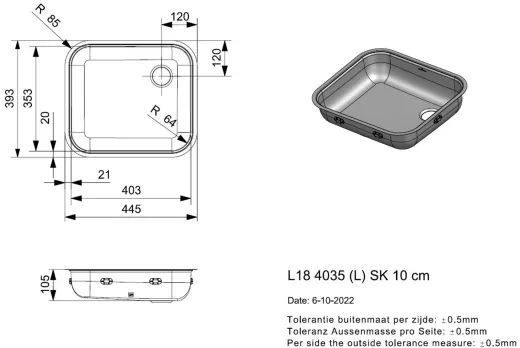 REGINOX K�chensp�le L18 4035 SK 10cm Einbausp�le Edelstahl 3 in 1 mit Flachrand OHNE �berlauf Barrierefrei