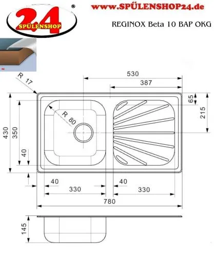 REGINOX Kchensple Beta 10 BAP OKG Einbausple Edelstahl mit Einbaurand Siebkorb als Stopfenventil
