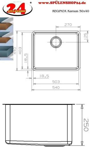 REGINOX Kchensple Kansas 50x40 (L) OKG 25cm Tief Einbausple Edelstahl 3 in 1 mit Flachrand Siebkorb als Stopfenventil