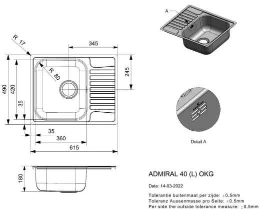 REGINOX K�chensp�le Admiral 40 (L) OKG Einbausp�le Edelstahl mit Flachrand Siebkorb als Stopfenventil
