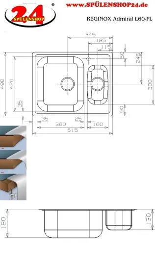 REGINOX Kchensple Admiral 60 (L) KGOKG Einbausple Edelstahl mit Flachrand Siebkorb als Stopfenventil