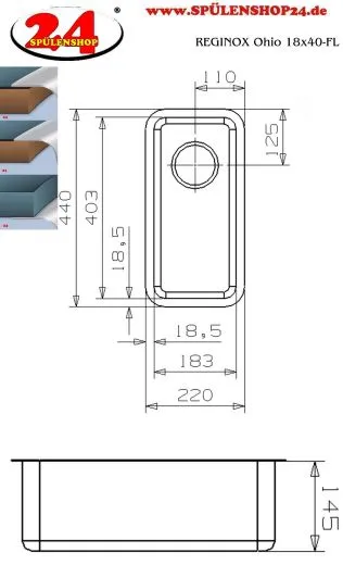 REGINOX Kchensple Ohio 18x40 (L) OKG Einbausple Edelstahl 3 in 1 mit Flachrand Siebkorb als Stopfenventil