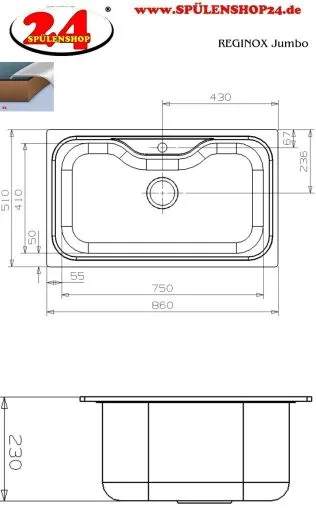 REGINOX Kchensple Jumbo (R) Einbausple Edelstahl mit Einbaurand Siebkorb als Stopfenventil