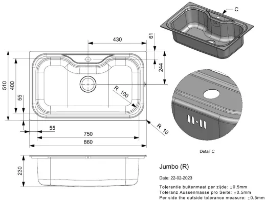 REGINOX K�chensp�le Jumbo (R) Einbausp�le Edelstahl mit Einbaurand Siebkorb als Stopfenventil