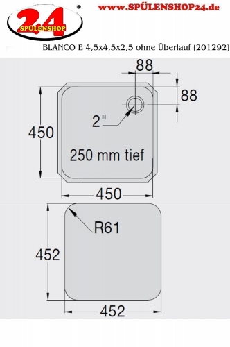 B.PRO E 4,5x4,5x2,5 ohne berlauf Einschweibecken Hardline fr Einbau in Edelstahlarbeitsplatten bertief: 250mm [201292]