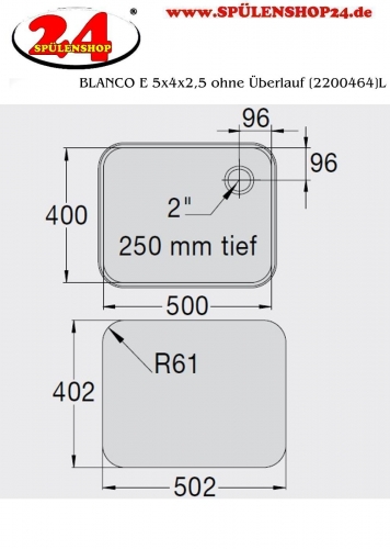 B.PRO E 5x4x2,5 ohne berlauf Einschweibecken Hardline fr Einbau in Edelstahlarbeitsplatten Auslauf links bertief: 250mm [2200464]