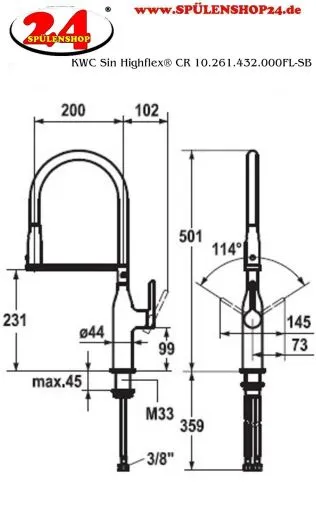 KWC Kchenarmatur Sin Highflex CR 10.261.432.000FL Einhebelmischer Chrom mit Pendelbrause (122280)