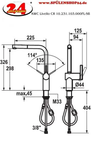 KWC Kchenarmatur Livello 10.231.103.000FL Einhebelmischer Chrom mit Zugauslauf (122295)