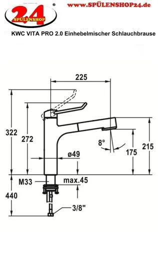 KWC Vita Pro 2.0 10.521.033.000FL Einhebelmischer Chrom mit Zugauslauf mit Brausefunktion Medizinischer Bereich (125247)