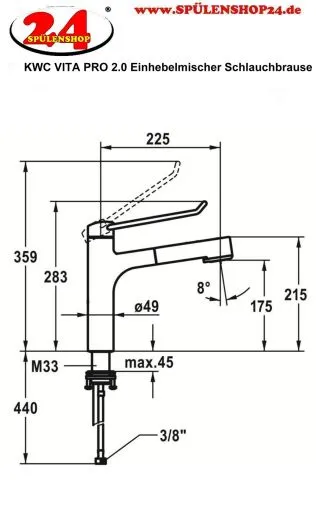 KWC Vita Pro 2.0 10.521.033.000LLFL Einhebelmischer Chrom mit Zugauslauf mit Brause geeignet Medizinischer Bereich (125248)