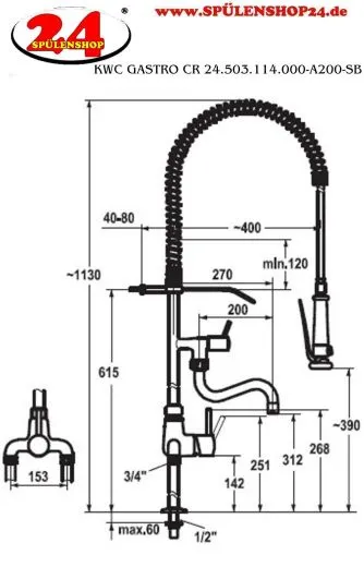 KWC Gastro CR 24.503.114.000-A200-SB Einhebelmischer Gewerbe mit Pendelbrause fr die Profikche (121294)
