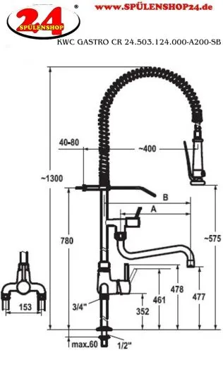 KWC Gastro CR 24.503.124.000-A200-SB Einhebelmischer Gewerbe mit Pendelbrause fr die Profikche (121296)