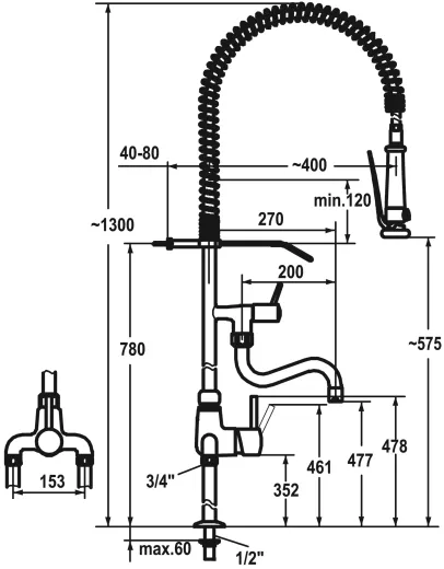 KWC Gastro CR 24.503.124.000-A200-SB Einhebelmischer Gewerbe mit Pendelbrause fr die Profikche (121296)