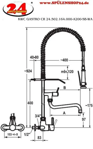 KWC Gastro CR 24.502.164.000-A200-SB-WA Wandmischer Gewerbe mit Pendelbrause fr die Profikche (121281)