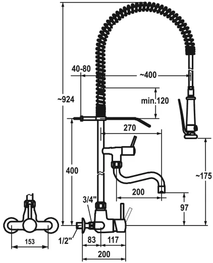 KWC Gastro CR 24.502.164.000-A200-SB-WA Wandmischer Gewerbe mit Pendelbrause fr die Profikche (121281)
