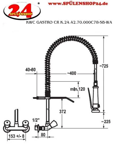 KWC Gastro CR K.24.42.70.000C78-SB-WA Zweigriffmischer Wand mit Pendelbrause fr die Profikche (100456)
