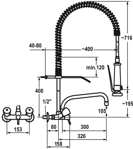 KWC Gastro CR K.24.42.74.000C78-SB-WA Zweigriffmischer Wand mit Pendelbrause fr die Profikche (100448)
