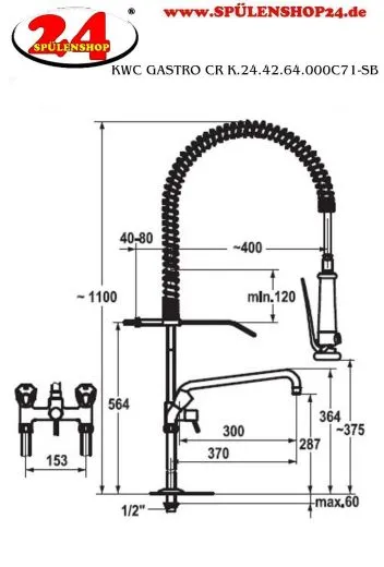 KWC Gastro CR K.24.42.64.000C71-SB Zweigriffmischer Gewerbe mit Pendelbrause fr die Profikche (100966)